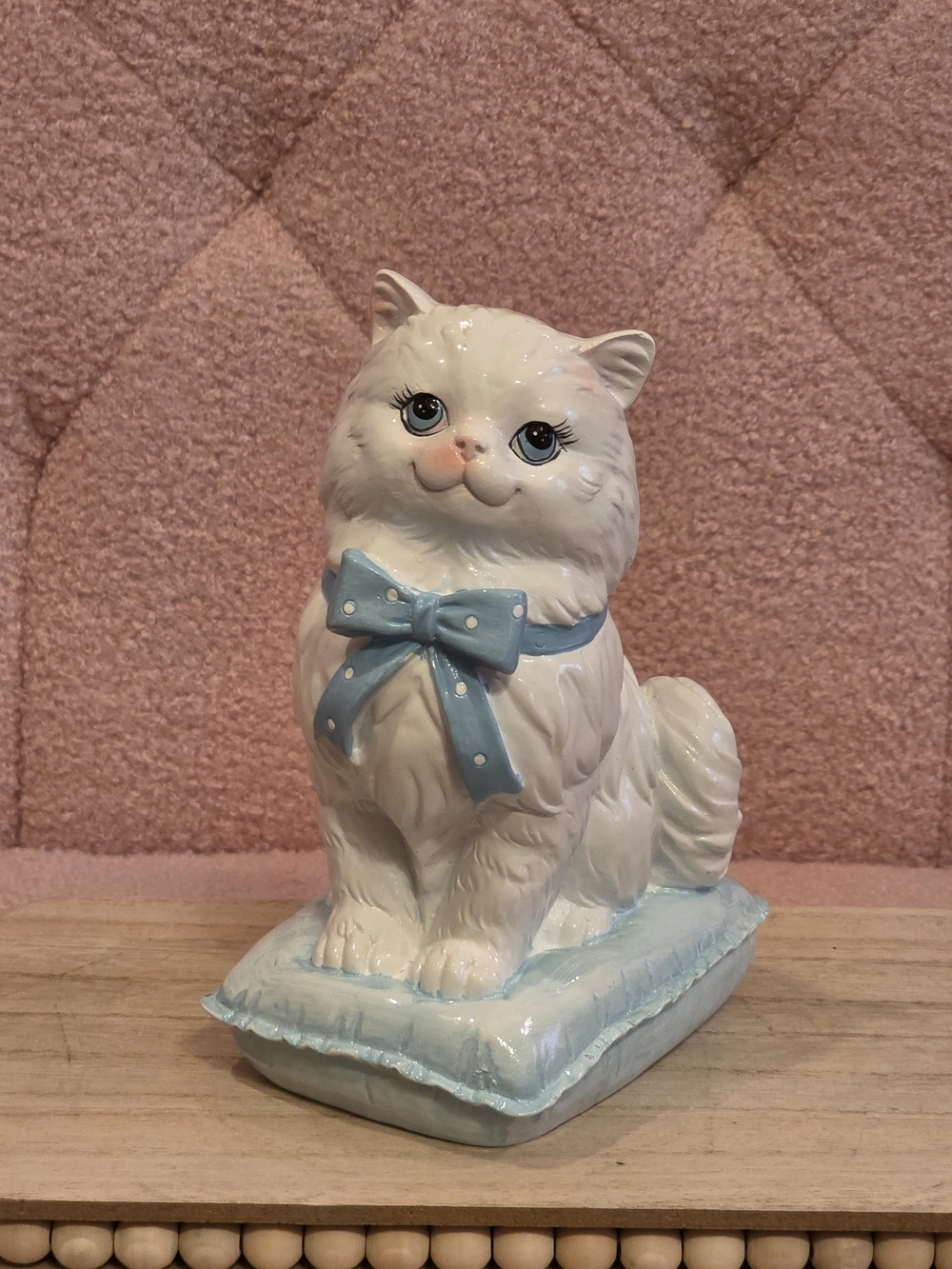 Ceramic Cat Figurine with Light Blue Bow